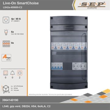 SEP Europe - Live-On SmartChoise, LS42a-400600-C2, 40A, 3-fase groepenkast, 6-lichtgroepen,  2V-contactdoos, technische gegevens