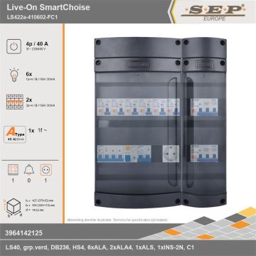 SEP Europe - Live-On SmartChoise, LS422a-410602-FC1, 40A, 3-fase groepenkast, 6-lichtgroepen, 2-krachtgroepen, 1-fornuisgroep,  1V-contactdoos, technische gegevens
