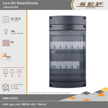 SEP Europe - Live-On SmartChoise, LS62a-201000, 63A, 3-fase groepenkast, 10-lichtgroepen, technische gegevens