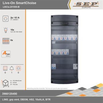 SEP Europe - Live-On SmartChoise, LS63a-201000-B, 63A, 3-fase groepenkast, 10-lichtgroepen, 1-beltrafo, technische gegevens
