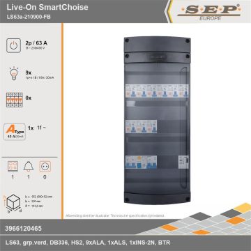 SEP Europe - Live-On SmartChoise, LS63a-210900-FB, 63A, 3-fase groepenkast, 9-lichtgroepen, 1-fornuisgroep, 1-beltrafo, technische gegevens