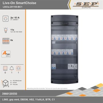 SEP Europe - Live-On SmartChoise, LS63a-201100-BC1, 63A, 3-fase groepenkast, 11-lichtgroepen, 1-beltrafo,  1V-contactdoos, technische gegevens