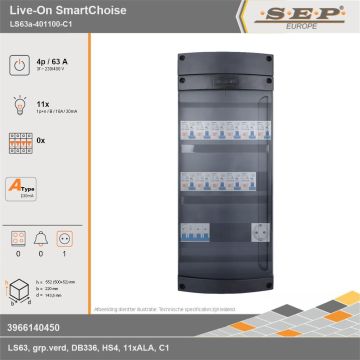 SEP Europe - Live-On SmartChoise, LS63a-401100-C1, 63A, 3-fase groepenkast, 11-lichtgroepen,  1V-contactdoos, technische gegevens