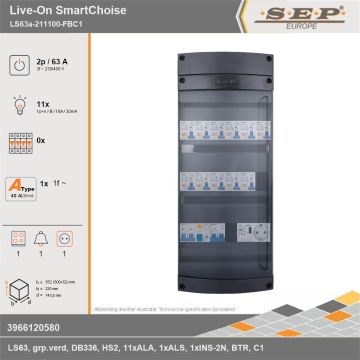 SEP Europe - Live-On SmartChoise, LS63a-211100-FBC1, 63A, 3-fase groepenkast, 11-lichtgroepen, 1-fornuisgroep, 1-beltrafo,  1V-contactdoos, technische gegevens