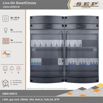 SEP Europe - Live-On SmartChoise, LS64a-400903-B, 63A, 3-fase groepenkast, 9-lichtgroepen, 3-krachtgroepen, 1-beltrafo, technische gegevens