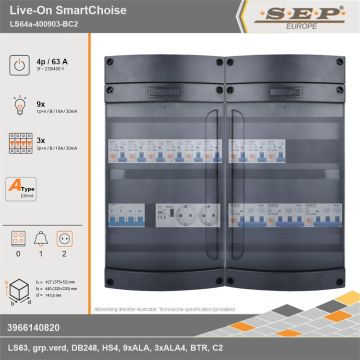 SEP Europe - Live-On SmartChoise, LS64a-400903-BC2, 63A, 3-fase groepenkast, 9-lichtgroepen, 3-krachtgroepen, 1-beltrafo,  2V-contactdoos, technische gegevens