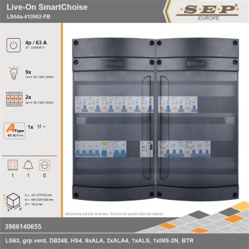 SEP Europe - Live-On SmartChoise, LS64a-410902-FB, 63A, 3-fase groepenkast, 9-lichtgroepen, 2-krachtgroepen, 1-fornuisgroep, 1-beltrafo, technische gegevens