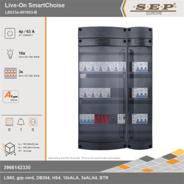 SEP Europe - Live-On SmartChoise, LS633a-401003-B, 63A, 3-fase groepenkast, 10-lichtgroepen, 3-krachtgroepen, 1-beltrafo, technische gegevens