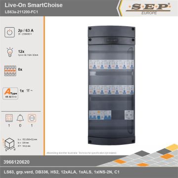 SEP Europe - Live-On SmartChoise, LS63a-211200-FC1, 63A, 3-fase groepenkast, 12-lichtgroepen, 1-fornuisgroep,  1V-contactdoos, technische gegevens
