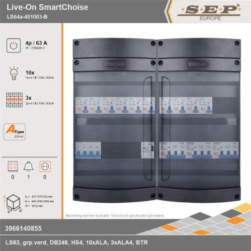 SEP Europe - Live-On SmartChoise, LS64a-401003-B, 63A, 3-fase groepenkast, 10-lichtgroepen, 3-krachtgroepen, 1-beltrafo, technische gegevens