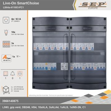 SEP Europe - Live-On SmartChoise, LS64a-411003-FC1, 63A, 3-fase groepenkast, 10-lichtgroepen, 3-krachtgroepen, 1-fornuisgroep,  1V-contactdoos, technische gegevens