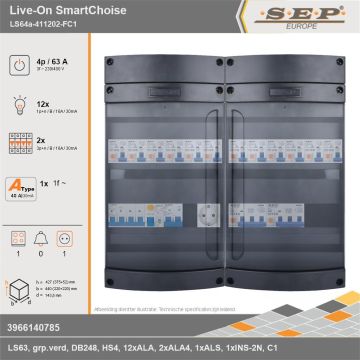 SEP Europe - Live-On SmartChoise, LS64a-411202-FC1, 63A, 3-fase groepenkast, 12-lichtgroepen, 2-krachtgroepen, 1-fornuisgroep,  1V-contactdoos, technische gegevens