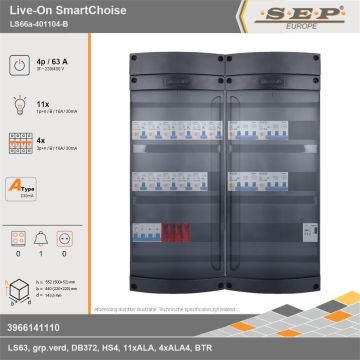 SEP Europe - Live-On SmartChoise, LS66a-401104-B, 63A, 3-fase groepenkast, 11-lichtgroepen, 4-krachtgroepen, 1-beltrafo, technische gegevens