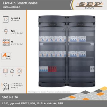 SEP Europe - Live-On SmartChoise, LS66a-401204-B, 63A, 3-fase groepenkast, 12-lichtgroepen, 4-krachtgroepen, 1-beltrafo, technische gegevens