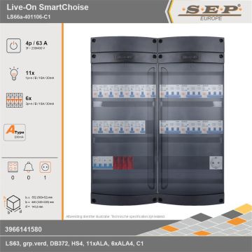 SEP Europe - Live-On SmartChoise, LS66a-401106-C1, 63A, 3-fase groepenkast, 11-lichtgroepen, 6-krachtgroepen,  1V-contactdoos, technische gegevens