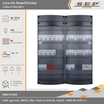 SEP Europe - Live-On SmartChoise, LS66a-411006-FBC1, 63A, 3-fase groepenkast, 10-lichtgroepen, 6-krachtgroepen, 1-fornuisgroep, 1-beltrafo,  1V-contactdoos, technische gegevens