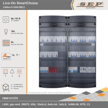 SEP Europe - Live-On SmartChoise, LS66a-411006-FBC2, 63A, 3-fase groepenkast, 10-lichtgroepen, 6-krachtgroepen, 1-fornuisgroep, 1-beltrafo,  2V-contactdoos, technische gegevens