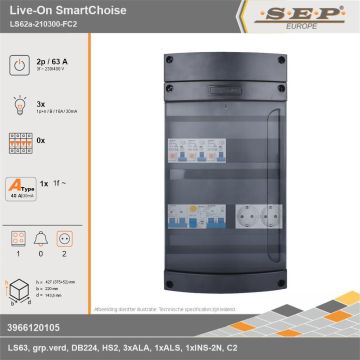 SEP Europe - Live-On SmartChoise, LS62a-210300-FC2, 63A, 3-fase groepenkast, 3-lichtgroepen, 1-fornuisgroep,  2V-contactdoos, technische gegevens