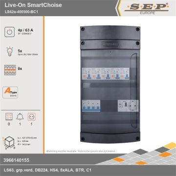 SEP Europe - Live-On SmartChoise, LS62a-400500-BC1, 63A, 3-fase groepenkast, 5-lichtgroepen, 1-beltrafo,  1V-contactdoos, technische gegevens