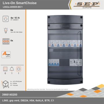SEP Europe - Live-On SmartChoise, LS62a-400600-BC1, 63A, 3-fase groepenkast, 6-lichtgroepen, 1-beltrafo,  1V-contactdoos, technische gegevens