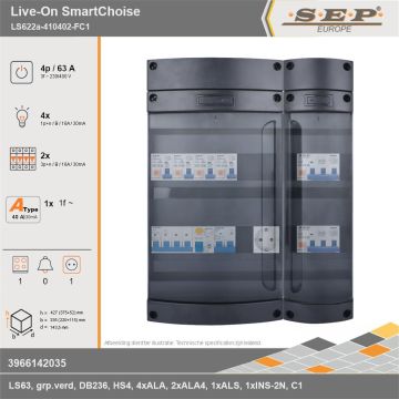 SEP Europe - Live-On SmartChoise, LS622a-410402-FC1, 63A, 3-fase groepenkast, 4-lichtgroepen, 2-krachtgroepen, 1-fornuisgroep,  1V-contactdoos, technische gegevens