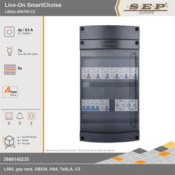 SEP Europe - Live-On SmartChoise, LS62a-400700-C2, 63A, 3-fase groepenkast, 7-lichtgroepen,  2V-contactdoos, technische gegevens
