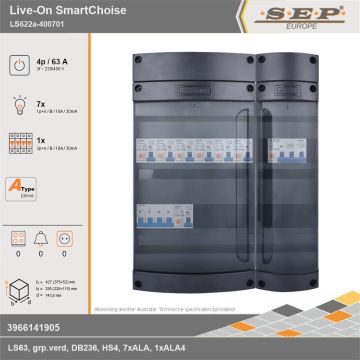 SEP Europe - Live-On SmartChoise, LS622a-400701, 63A, 3-fase groepenkast, 7-lichtgroepen, 1-krachtgroepen, technische gegevens