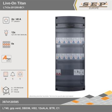 SEP Europe - Live-On Titan, LT43a-201200-BC1, 40A, 1-fase groepenkast, 12-lichtgroepen, 1-beltrafo,  1V-contactdoos, technische gegevens