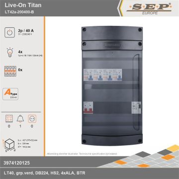 SEP Europe - Live-On Titan, LT42a-200400-B, 40A, 1-fase groepenkast, 4-lichtgroepen, 1-beltrafo, technische gegevens