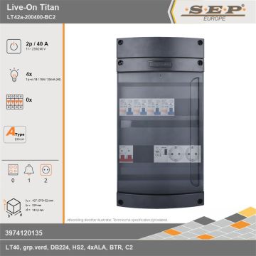SEP Europe - Live-On Titan, LT42a-200400-BC2, 40A, 1-fase groepenkast, 4-lichtgroepen, 1-beltrafo,  2V-contactdoos, technische gegevens