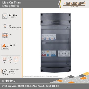 SEP Europe - Live-On Titan, LT42a-210300-FC2, 40A, 1-fase groepenkast, 3-lichtgroepen, 1-fornuisgroep,  2V-contactdoos, technische gegevens