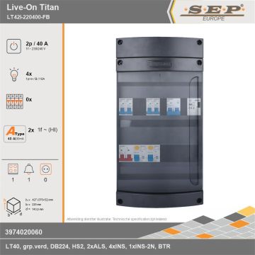 SEP Europe - Live-On Titan, LT42i-220400-FB, 40A, 1-fase groepenkast, 4-lichtgroepen, 1-fornuisgroep, 1-beltrafo, technische gegevens