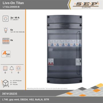SEP Europe - Live-On Titan, LT42a-200600-B, 40A, 1-fase groepenkast, 6-lichtgroepen, 1-beltrafo, technische gegevens