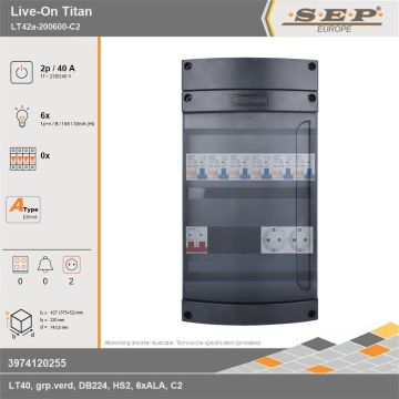 SEP Europe - Live-On Titan, LT42a-200600-C2, 40A, 1-fase groepenkast, 6-lichtgroepen,  2V-contactdoos, technische gegevens