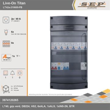 SEP Europe - Live-On Titan, LT42a-210600-FB, 40A, 1-fase groepenkast, 6-lichtgroepen, 1-fornuisgroep, 1-beltrafo, technische gegevens