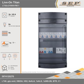 SEP Europe - Live-On Titan, LT42a-210600-FBC1, 40A, 1-fase groepenkast, 6-lichtgroepen, 1-fornuisgroep, 1-beltrafo,  1V-contactdoos, technische gegevens