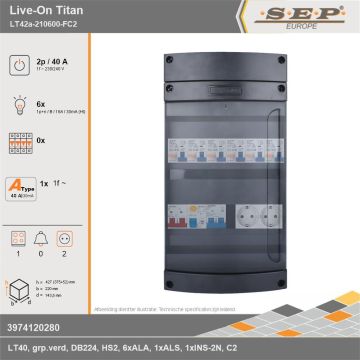 SEP Europe - Live-On Titan, LT42a-210600-FC2, 40A, 1-fase groepenkast, 6-lichtgroepen, 1-fornuisgroep,  2V-contactdoos, technische gegevens