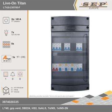 SEP Europe - Live-On Titan, LT42i-230700-F, 40A, 1-fase groepenkast, 7-lichtgroepen, 1-fornuisgroep, technische gegevens