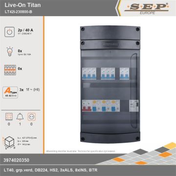 SEP Europe - Live-On Titan, LT42i-230800-B, 40A, 1-fase groepenkast, 8-lichtgroepen, 1-beltrafo, technische gegevens
