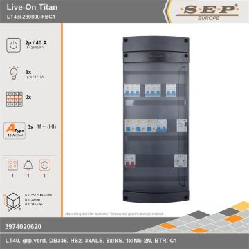 SEP Europe - Live-On Titan, LT43i-230800-FBC1, 40A, 1-fase groepenkast, 8-lichtgroepen, 1-fornuisgroep, 1-beltrafo,  1V-contactdoos, technische gegevens