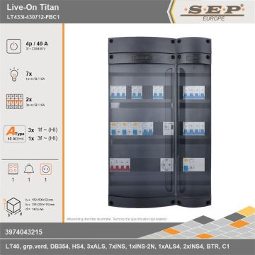 SEP Europe - Live-On Titan, LT433i-430712-FBC1, 40A, 3-fase groepenkast, 7-lichtgroepen, 2-krachtgroepen, 1-fornuisgroep, 1-beltrafo,  1V-contactdoos, technische gegevens