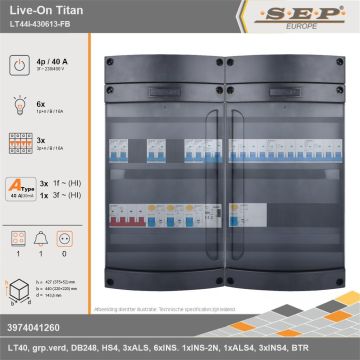 SEP Europe - Live-On Titan, LT44i-430613-FB, 40A, 3-fase groepenkast, 6-lichtgroepen, 3-krachtgroepen, 1-fornuisgroep, 1-beltrafo, technische gegevens