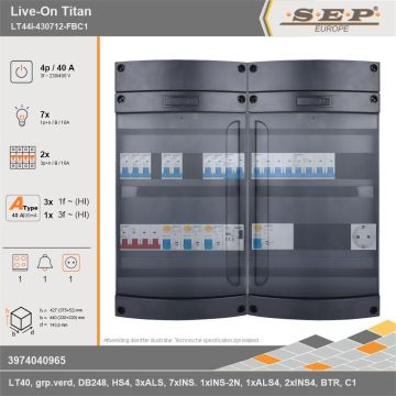 SEP Europe - Live-On Titan, LT44i-430712-FBC1, 40A, 3-fase groepenkast, 7-lichtgroepen, 2-krachtgroepen, 1-fornuisgroep, 1-beltrafo,  1V-contactdoos, technische gegevens