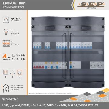 SEP Europe - Live-On Titan, LT44i-430712-FBC2, 40A, 3-fase groepenkast, 7-lichtgroepen, 2-krachtgroepen, 1-fornuisgroep, 1-beltrafo,  2V-contactdoos, technische gegevens