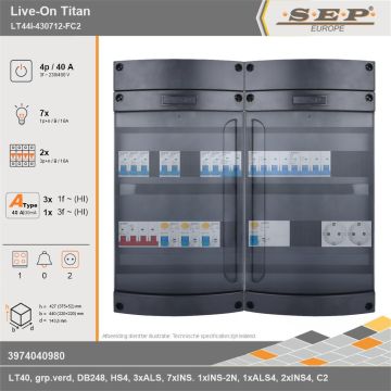 SEP Europe - Live-On Titan, LT44i-430712-FC2, 40A, 3-fase groepenkast, 7-lichtgroepen, 2-krachtgroepen, 1-fornuisgroep,  2V-contactdoos, technische gegevens
