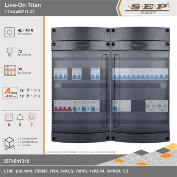 SEP Europe - Live-On Titan, LT44i-430713-C2, 40A, 3-fase groepenkast, 7-lichtgroepen, 3-krachtgroepen,  2V-contactdoos, technische gegevens