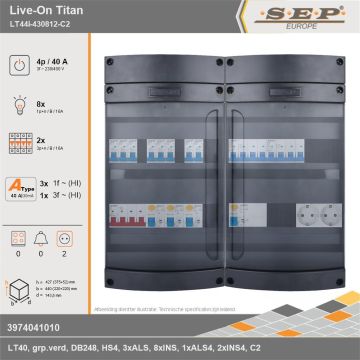 SEP Europe - Live-On Titan, LT44i-430812-C2, 40A, 3-fase groepenkast, 8-lichtgroepen, 2-krachtgroepen,  2V-contactdoos, technische gegevens