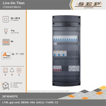 SEP Europe - Live-On Titan, LT43i-431100-C2, 40A, 3-fase groepenkast, 11-lichtgroepen,  2V-contactdoos, technische gegevens