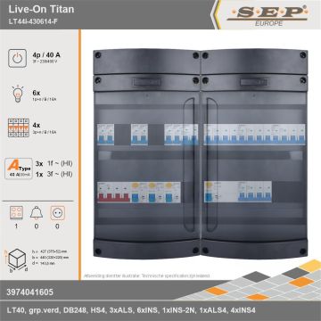 SEP Europe - Live-On Titan, LT44i-430614-F, 40A, 3-fase groepenkast, 6-lichtgroepen, 4-krachtgroepen, 1-fornuisgroep, technische gegevens