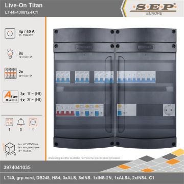 SEP Europe - Live-On Titan, LT44i-430812-FC1, 40A, 3-fase groepenkast, 8-lichtgroepen, 2-krachtgroepen, 1-fornuisgroep,  1V-contactdoos, technische gegevens